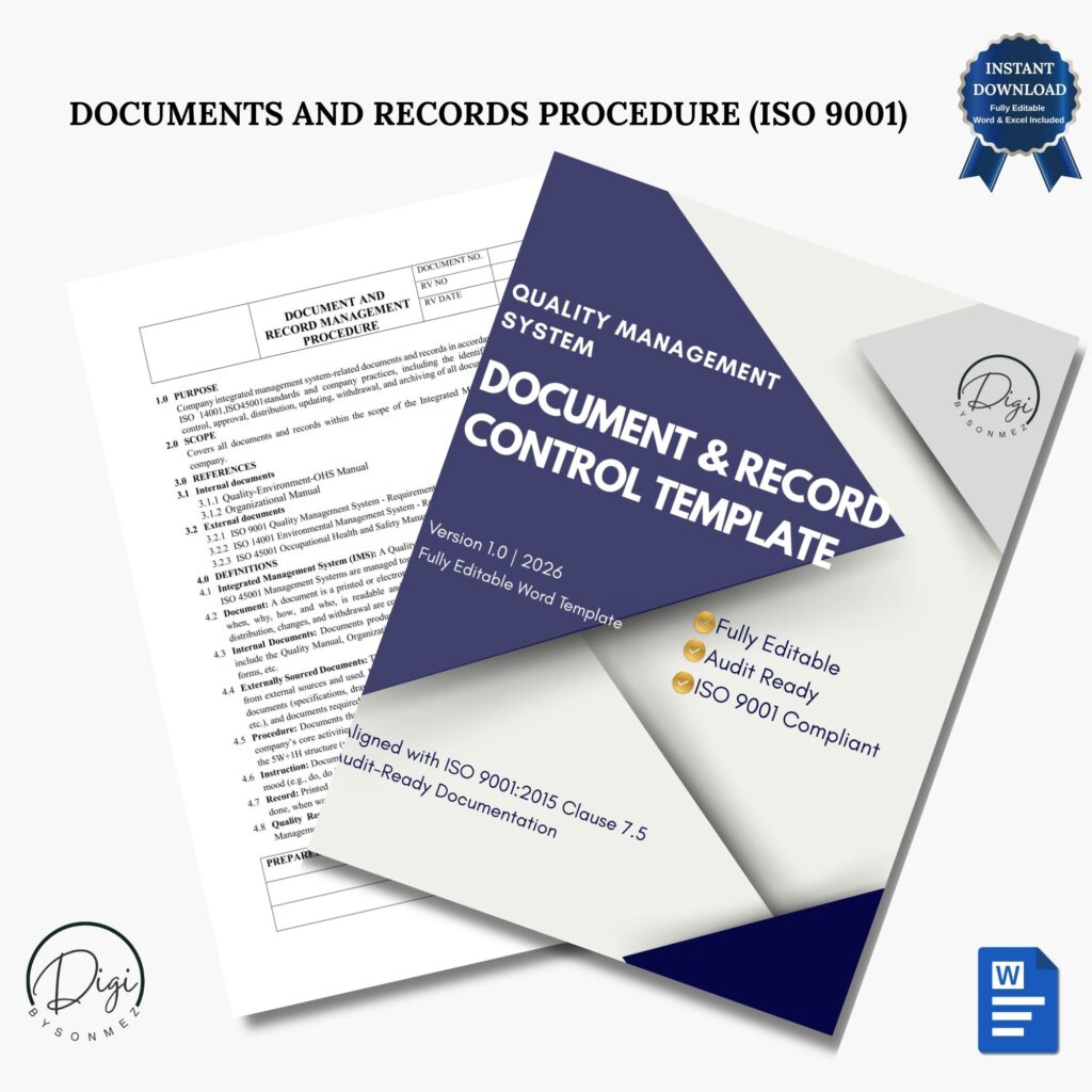 ISO 9001 document and records control template with document preview, editable files for document management and audit readiness