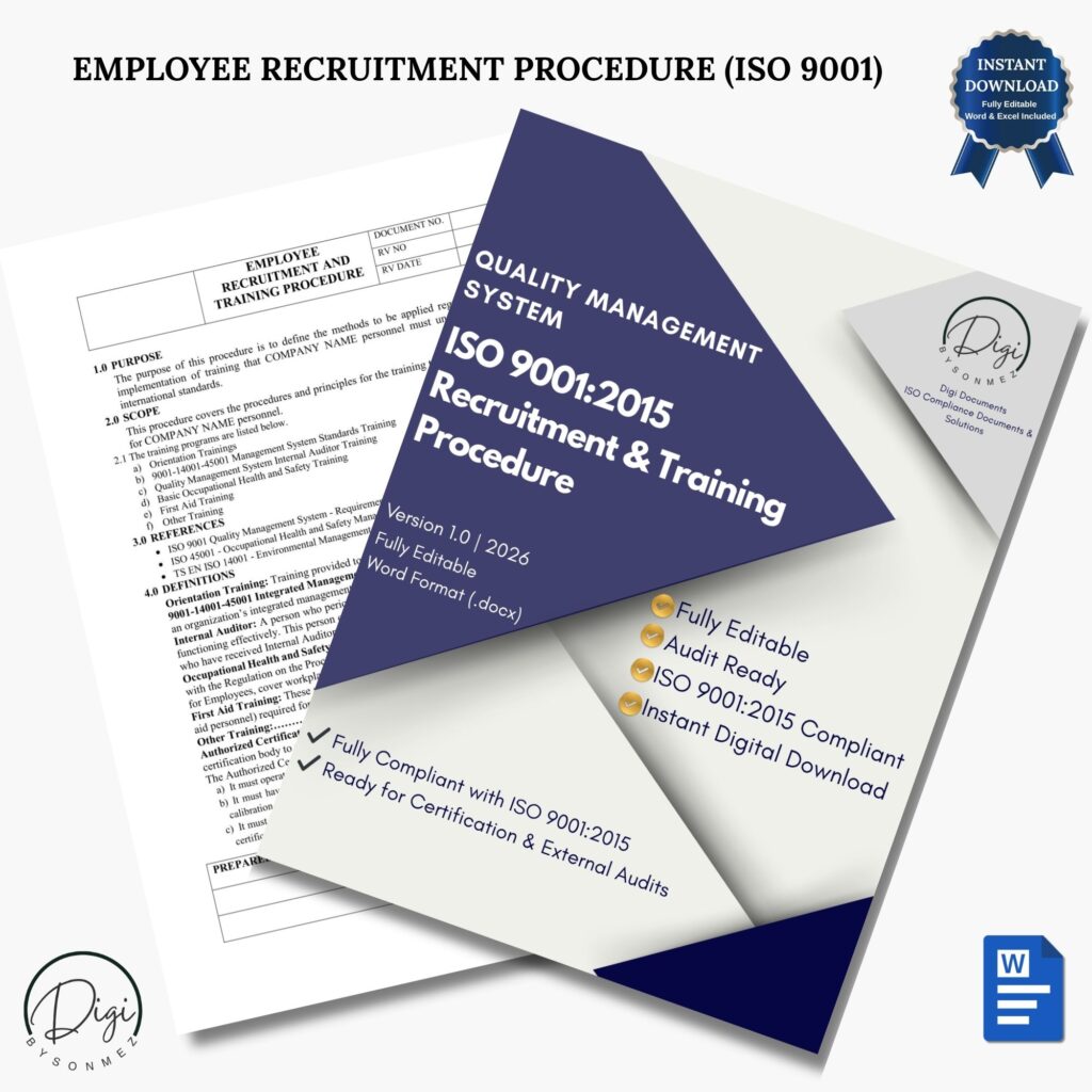 ISO 9001 procedure and training template document preview with sample pages, professional business documentation for quality management systems