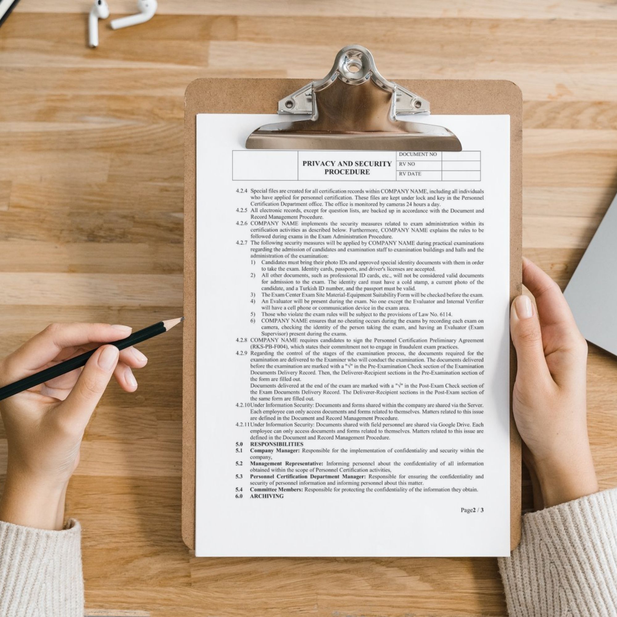 ISO procedure document on clipboard – editable certification template example