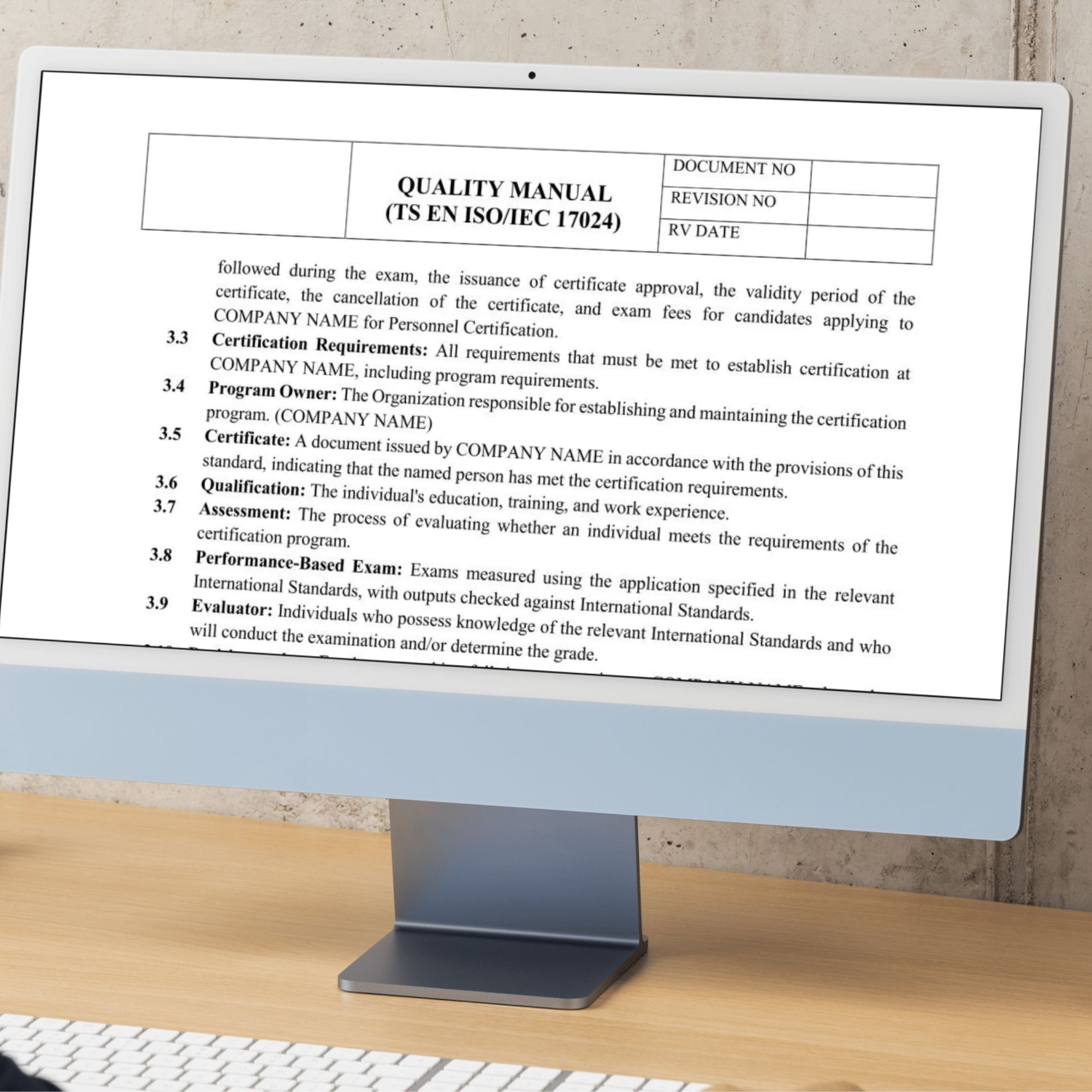 ISO quality manual template displayed on desktop screen – audit ready document