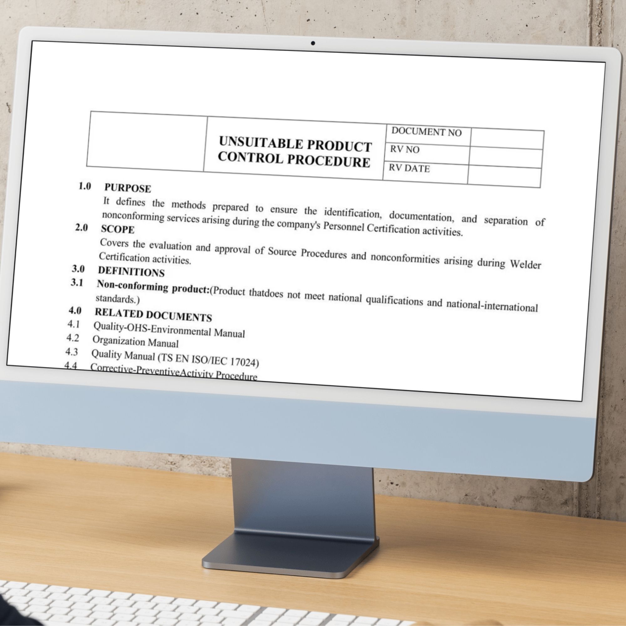 ISO quality manual template displayed on desktop – professional certification document