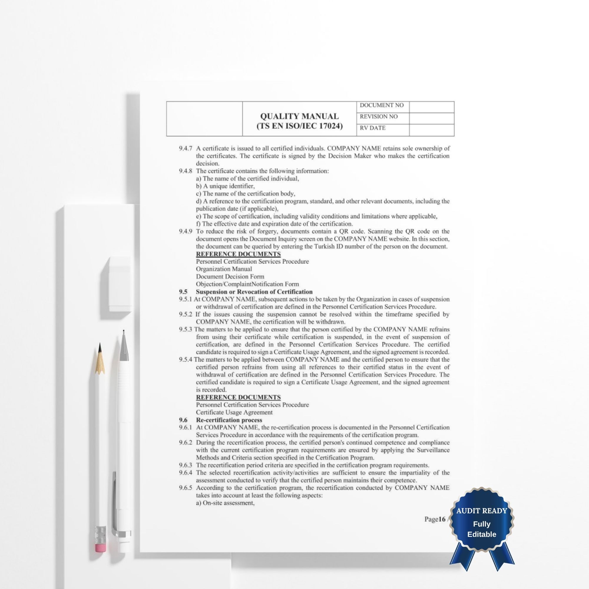 ISO quality manual document sample page – editable Word template preview