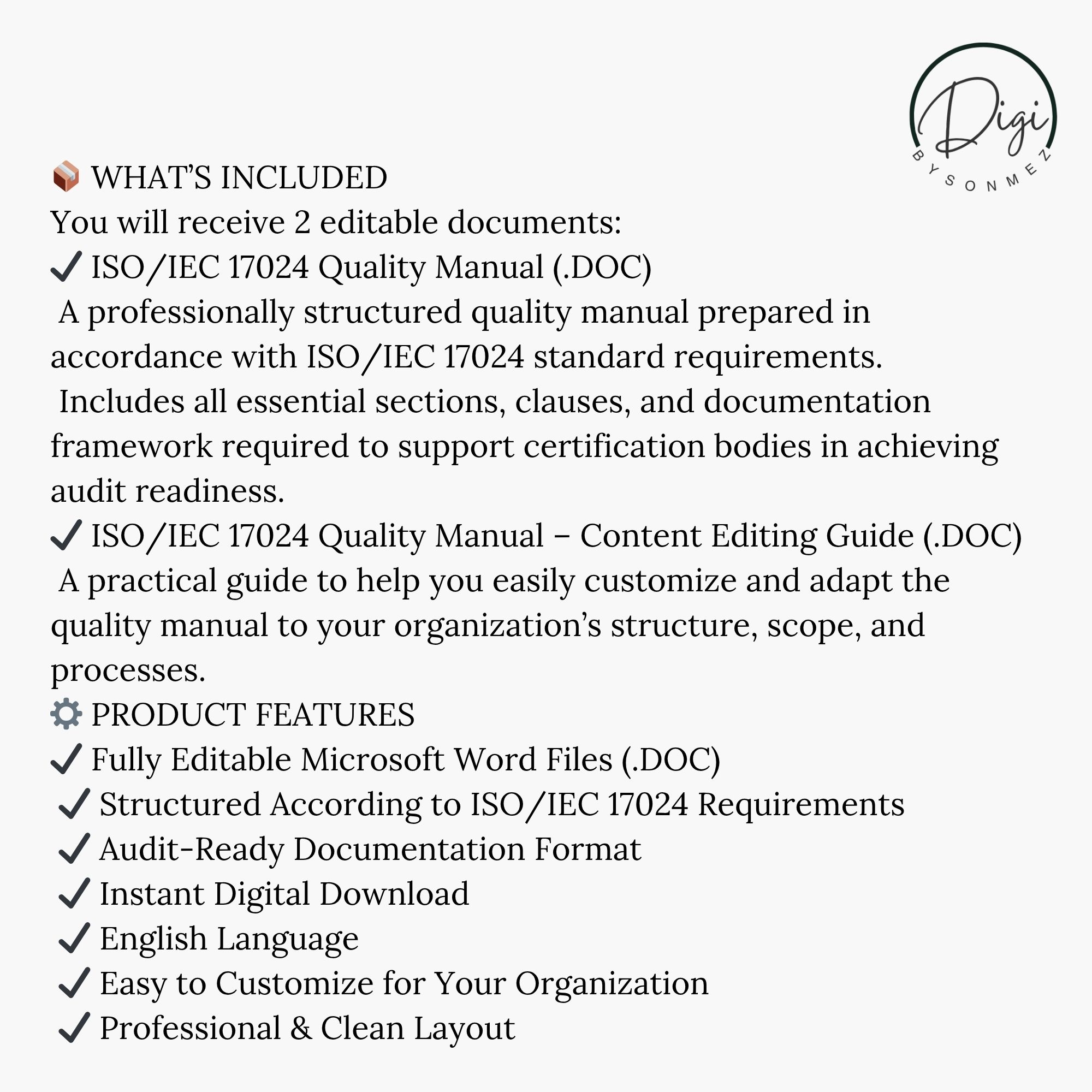 ISO 17024 quality manual contents page – editable Word document features and audit-ready structure