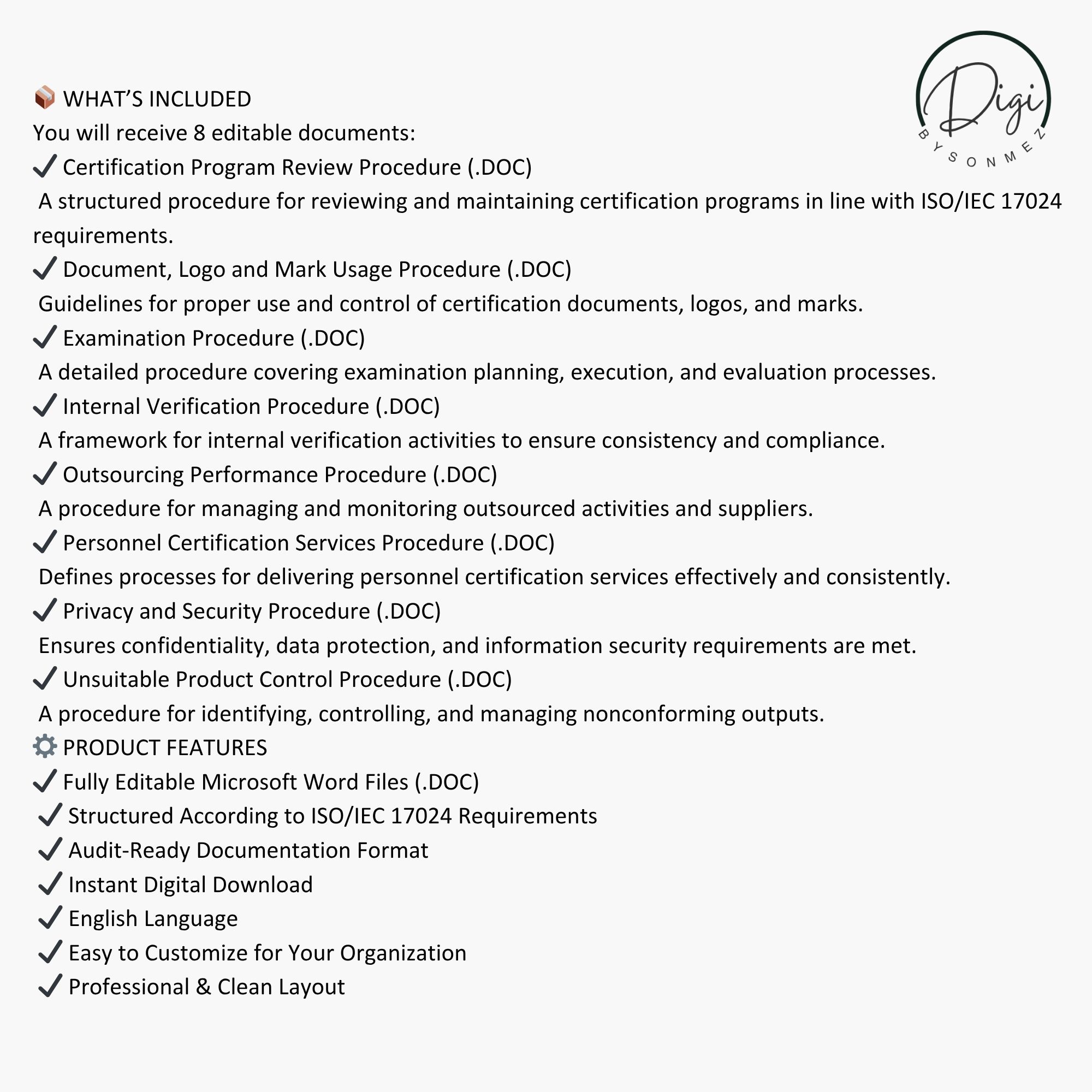 ISO 17024 mandatory documents contents page – editable Word templates list and features