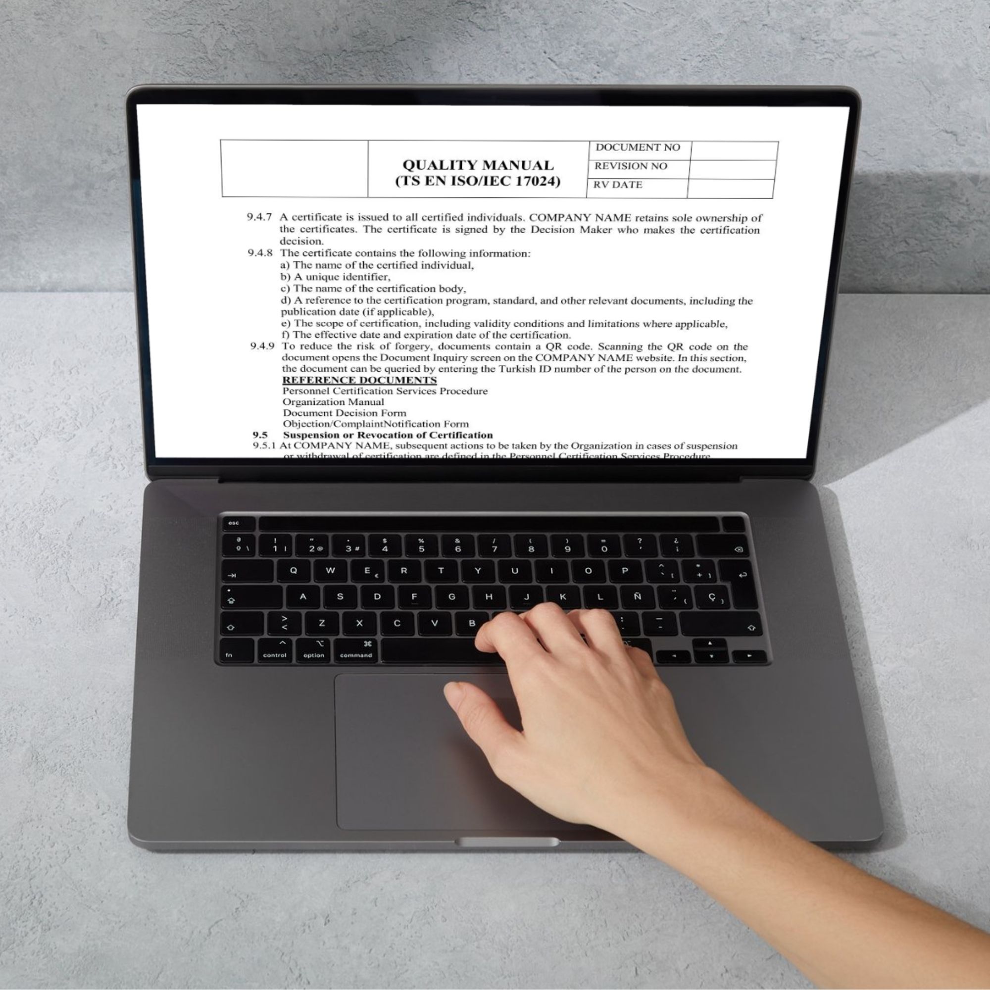 ISO 17024 quality manual document displayed on laptop screen – personnel certification template