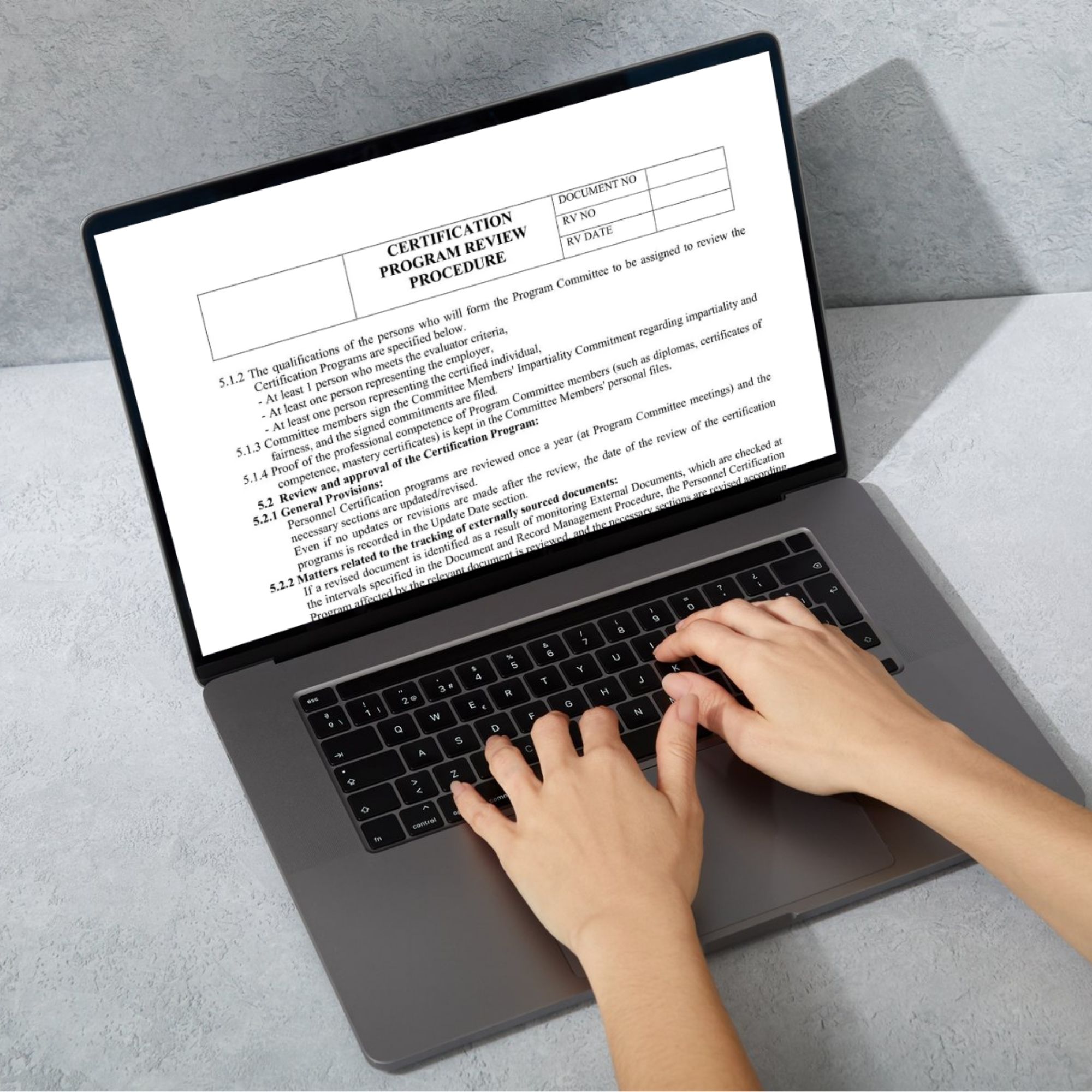 ISO 17024 certification document on laptop screen – editable quality management template
