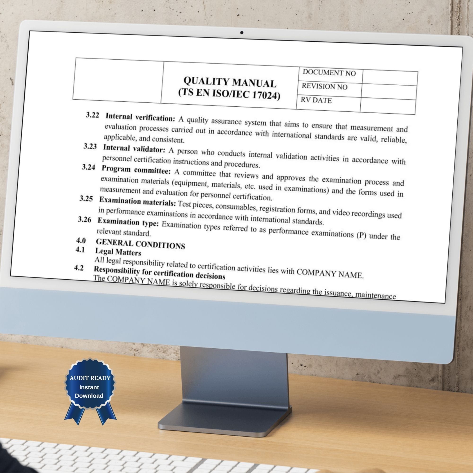 ISO quality manual template with certification badge – audit ready documentation