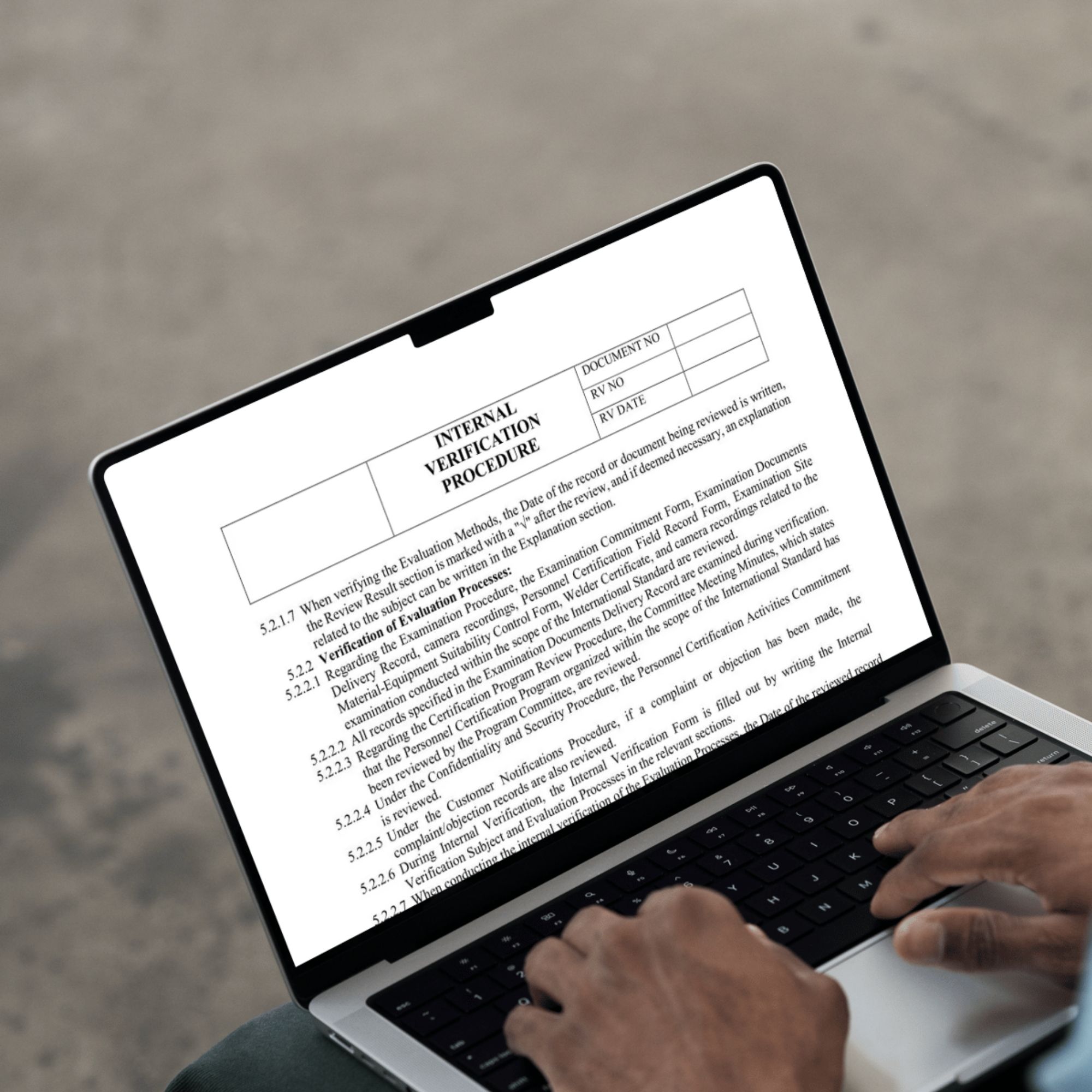 ISO certification procedure document on laptop screen – editable Word template