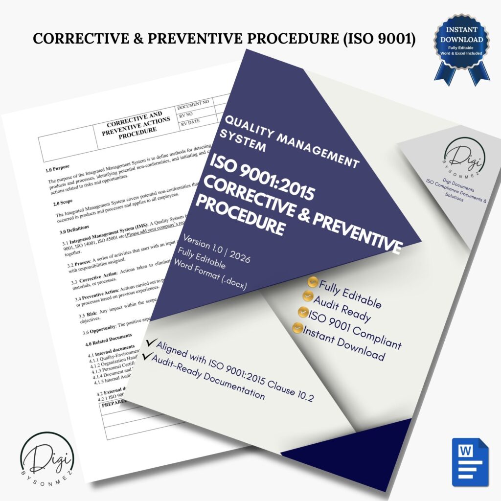 ISO 9001 CAPA procedure template with document pages preview, editable Word file for corrective and preventive action management