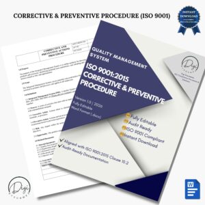 ISO 9001 CAPA procedure template with document pages preview, editable Word file for corrective and preventive action management