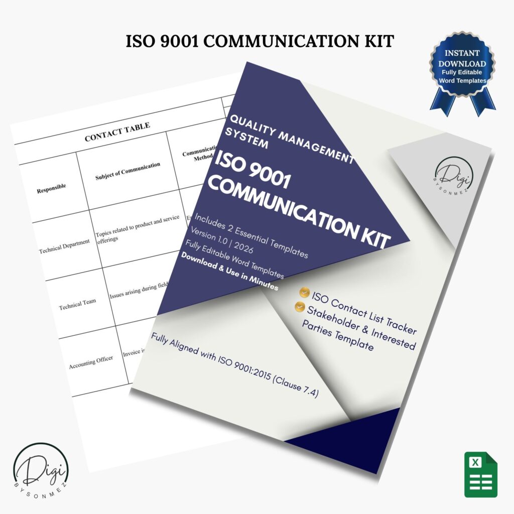 ISO 9001 communication kit templates including contact table and interested parties Excel files for QMS compliance