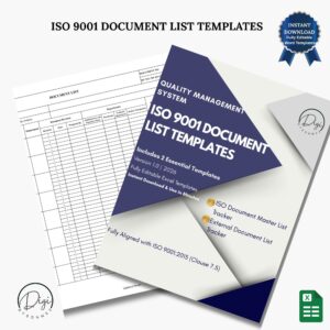 ISO 9001 document list templates with sample document sheets for tracking internal and external documents in QMS