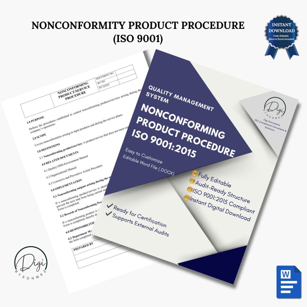 ISO 9001 nonconforming product procedure template cover editable Word document audit-ready quality management system digital download