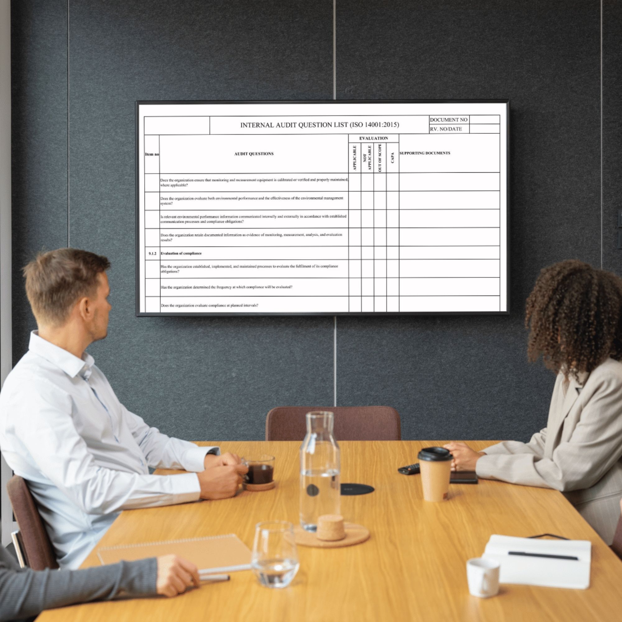 ISO 14001 audit checklist presentation in meeting room on screen for internal audit discussion