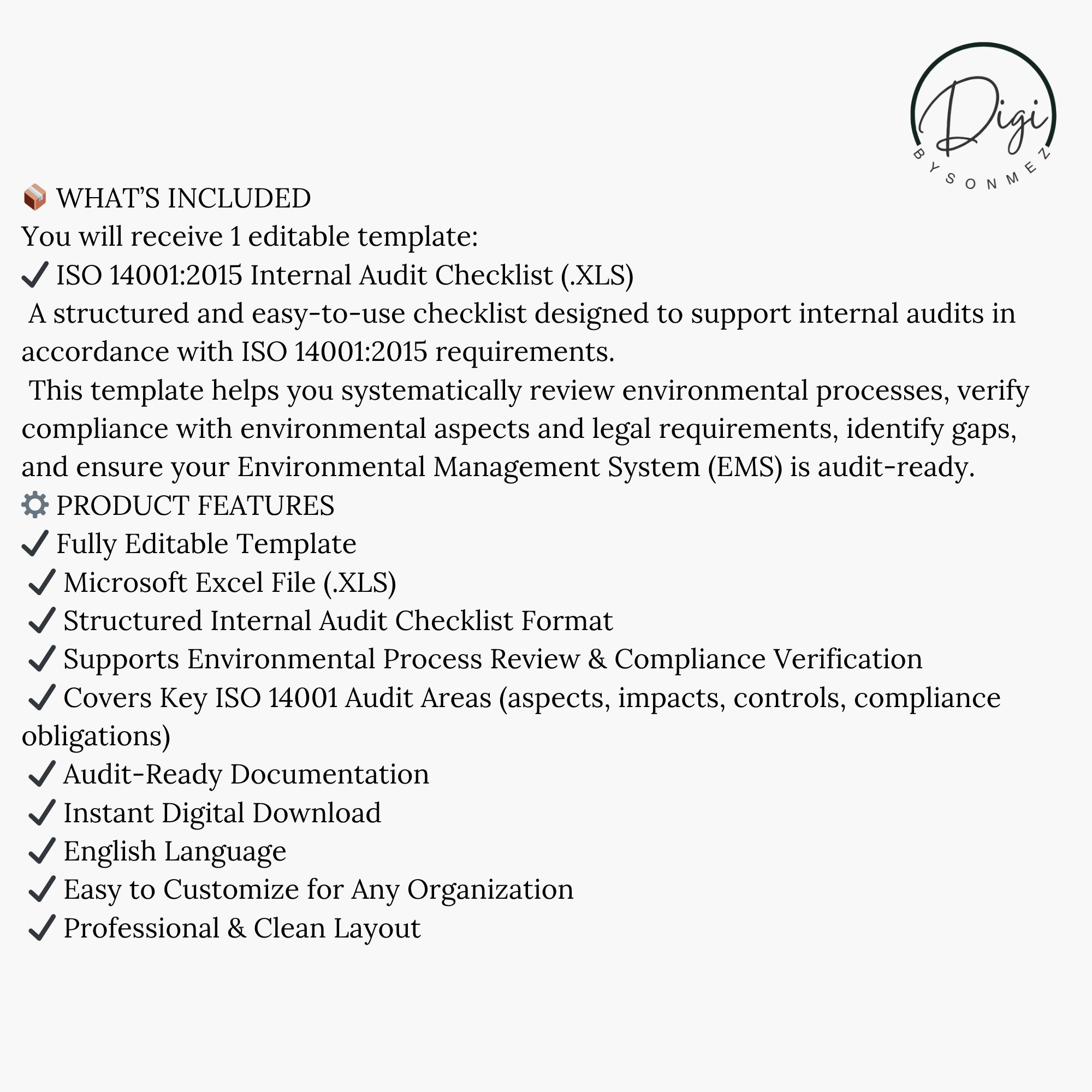 ISO 14001 audit checklist features and contents overview document preview