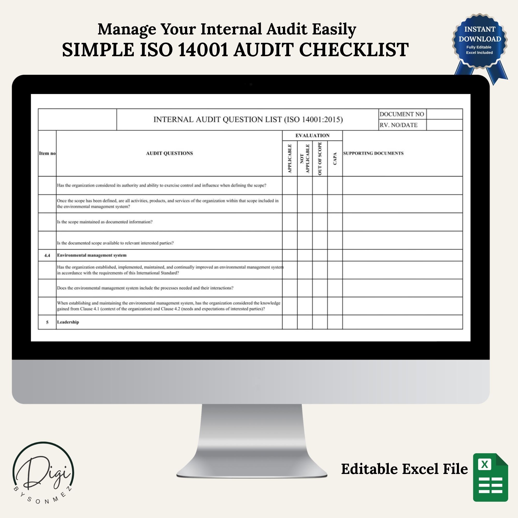 ISO 14001 audit checklist sample Excel sheet with structured audit questions preview