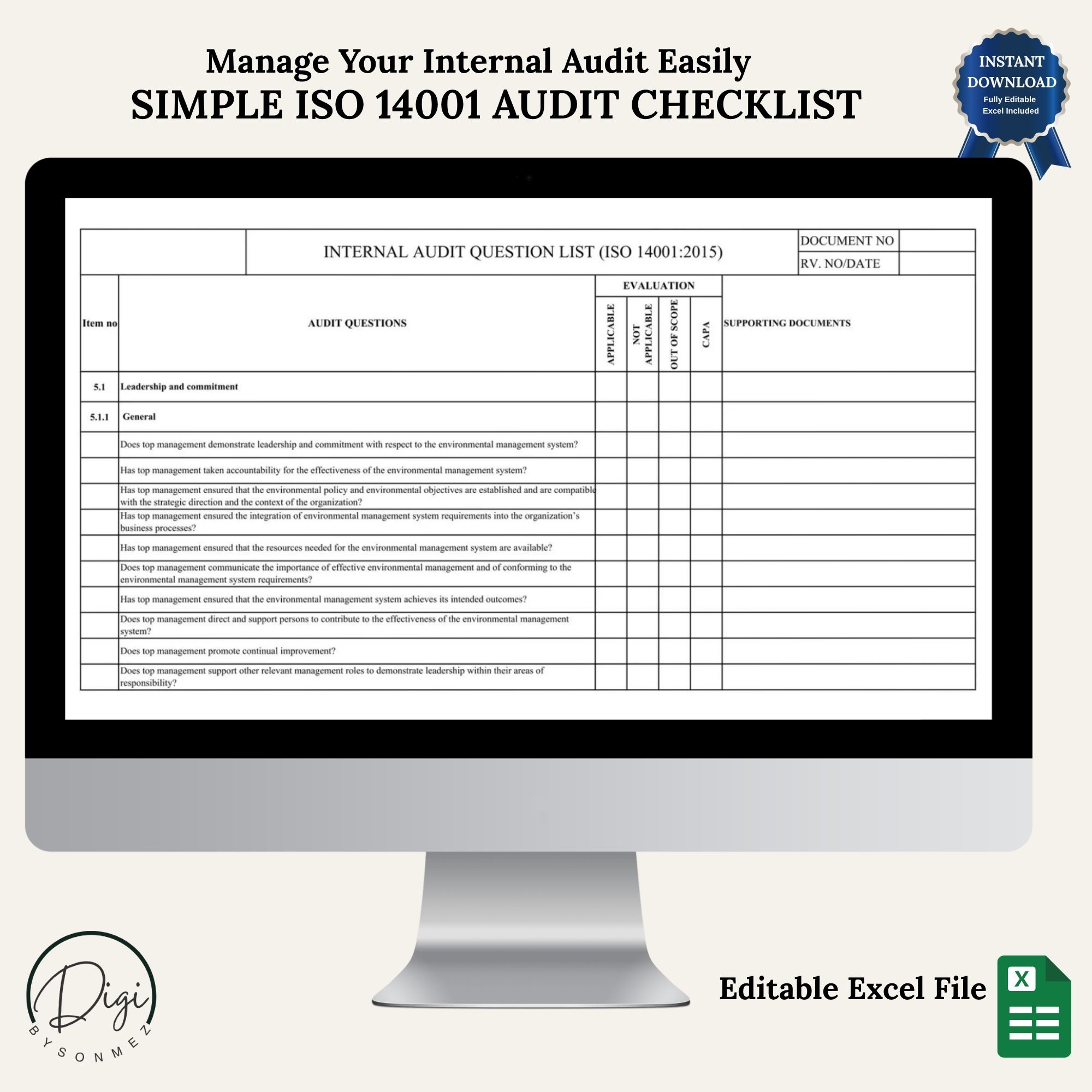 ISO 14001 internal audit checklist Excel template multiple layout previews on screen