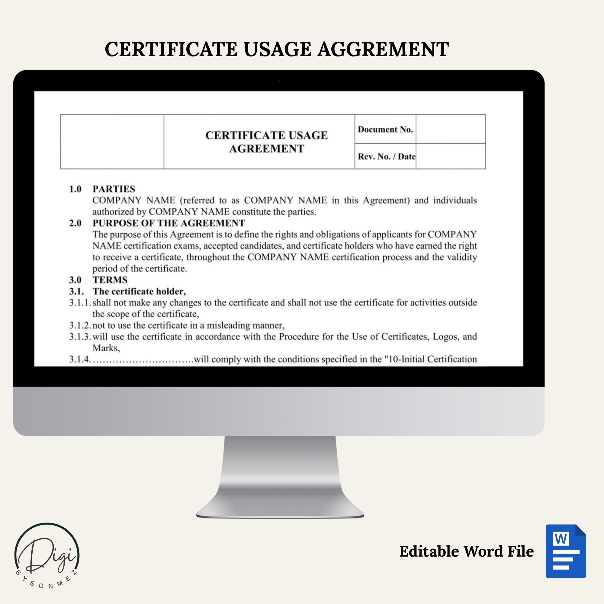 certificate usage agreement iso 17024 template editable document