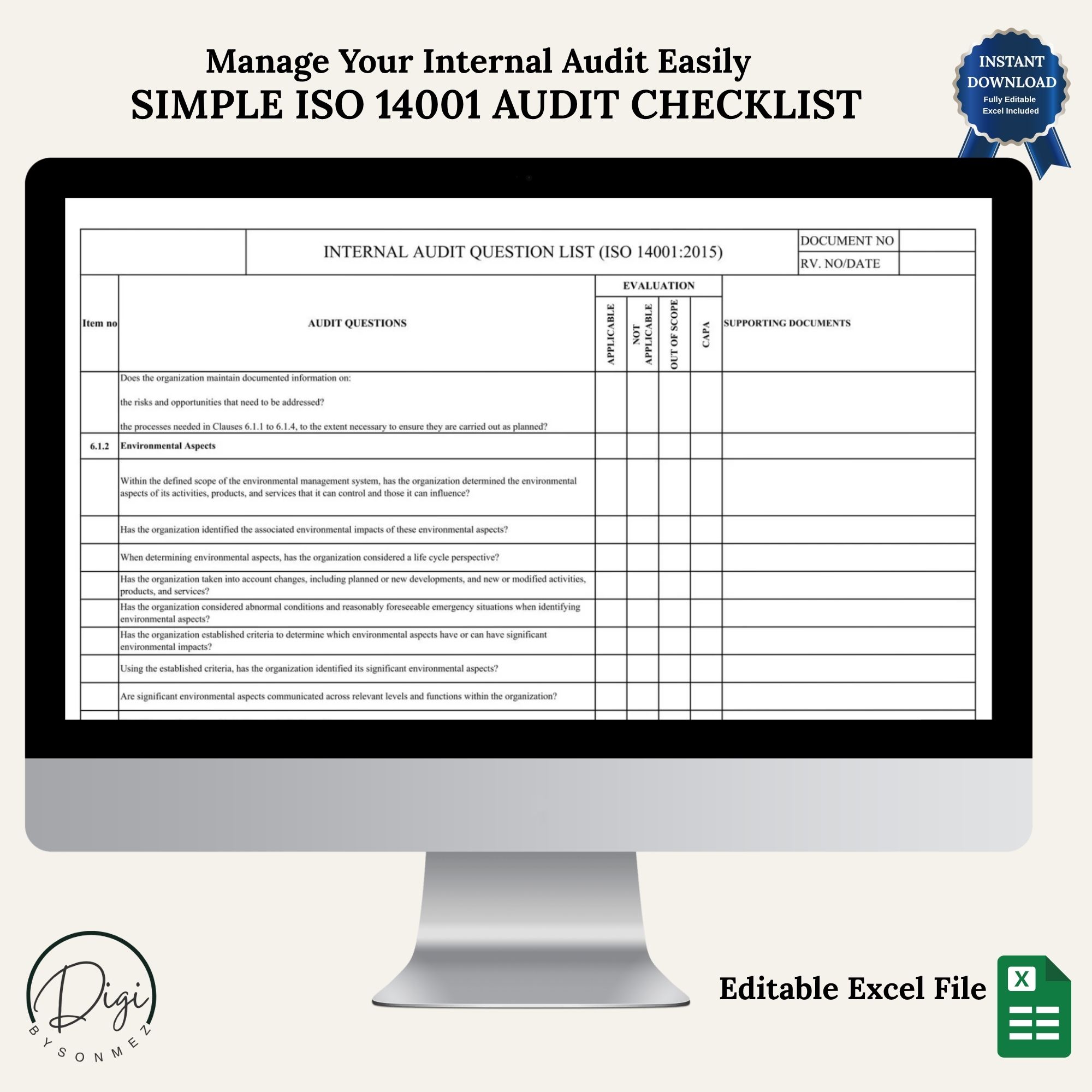 ISO 14001 audit checklist template example on monitor with structured audit questions