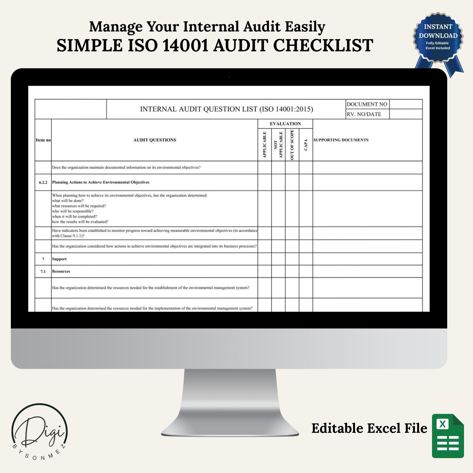 ISO 14001 simple audit checklist template shown on computer screen editable Excel format