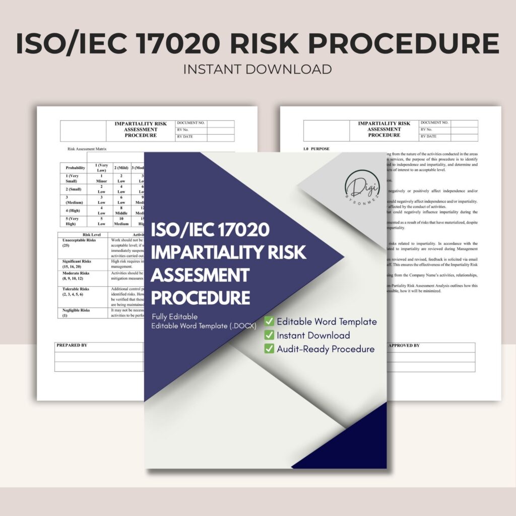 ISO IEC 17020 risk assessment procedure template with impartiality risk matrix and editable procedure pages
