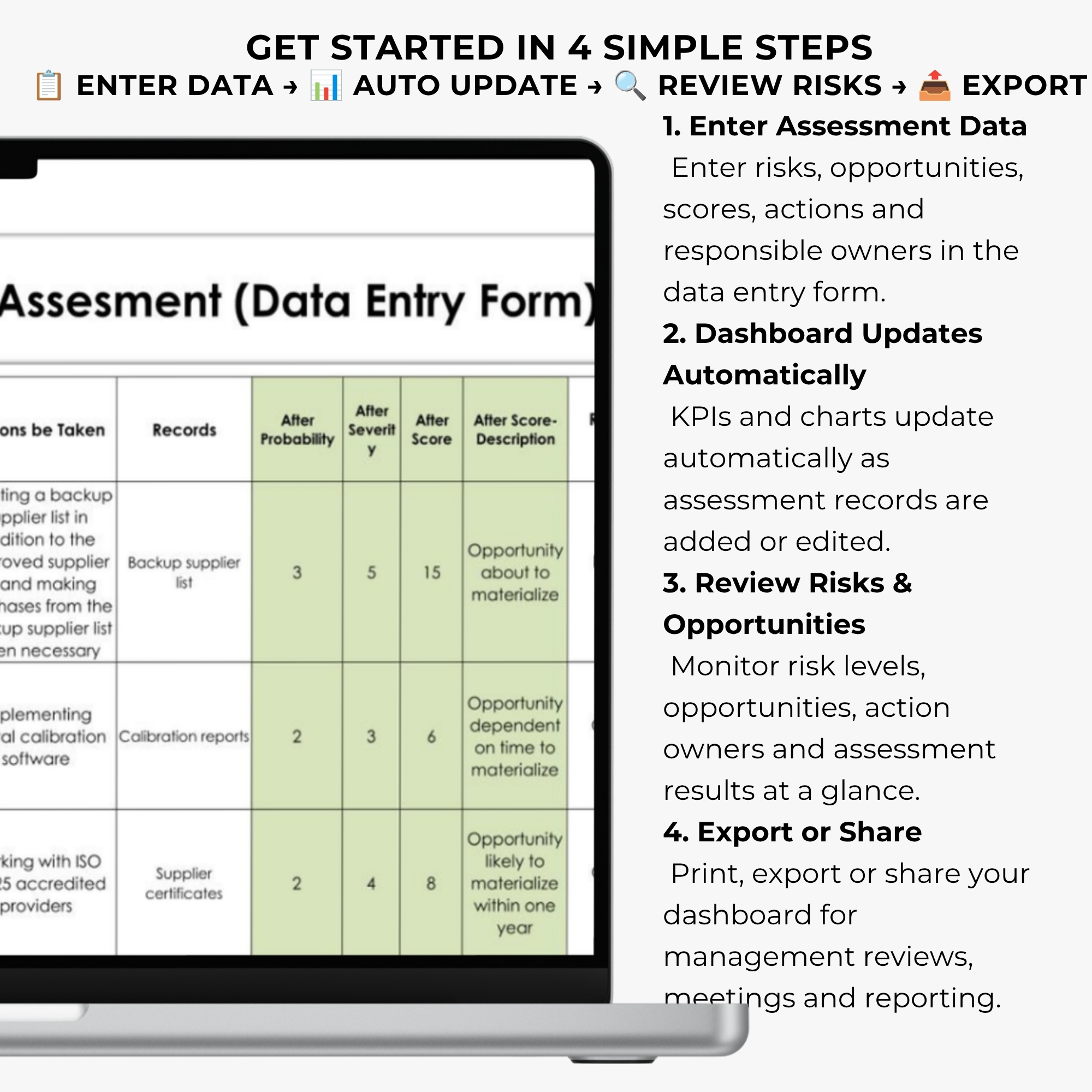 Risk and Opportunity Assessment Excel template quick start guide explaining how to enter assessment data, calculate risk scores, assign actions, and monitor dashboard results.