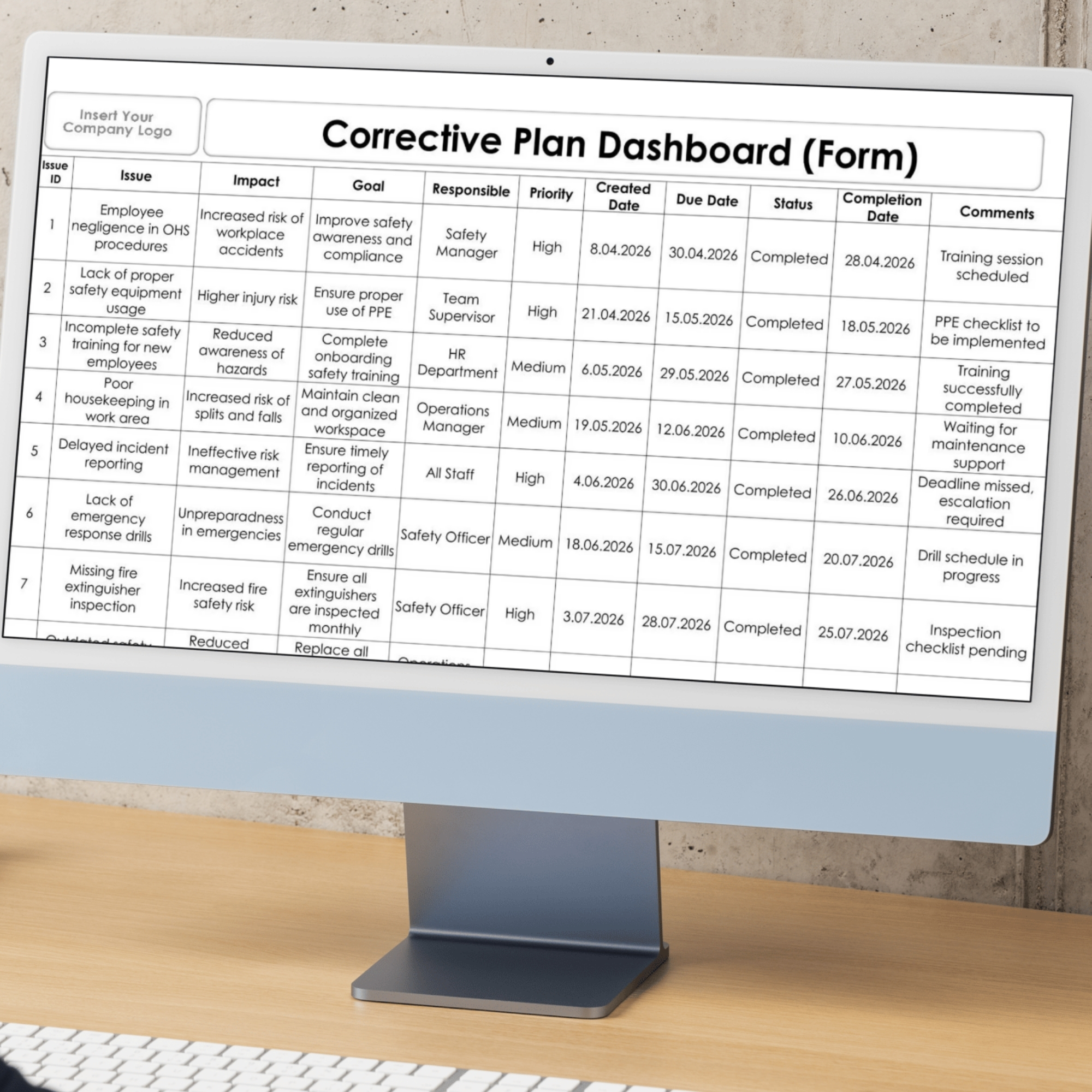 Professional Corrective Plan Dashboard Excel data entry form displayed on an office monitor with organized corrective action records and a structured tracking table.