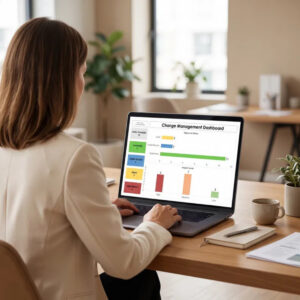 Business professionals reviewing a Change Management Dashboard on a presentation screen during a corporate meeting.