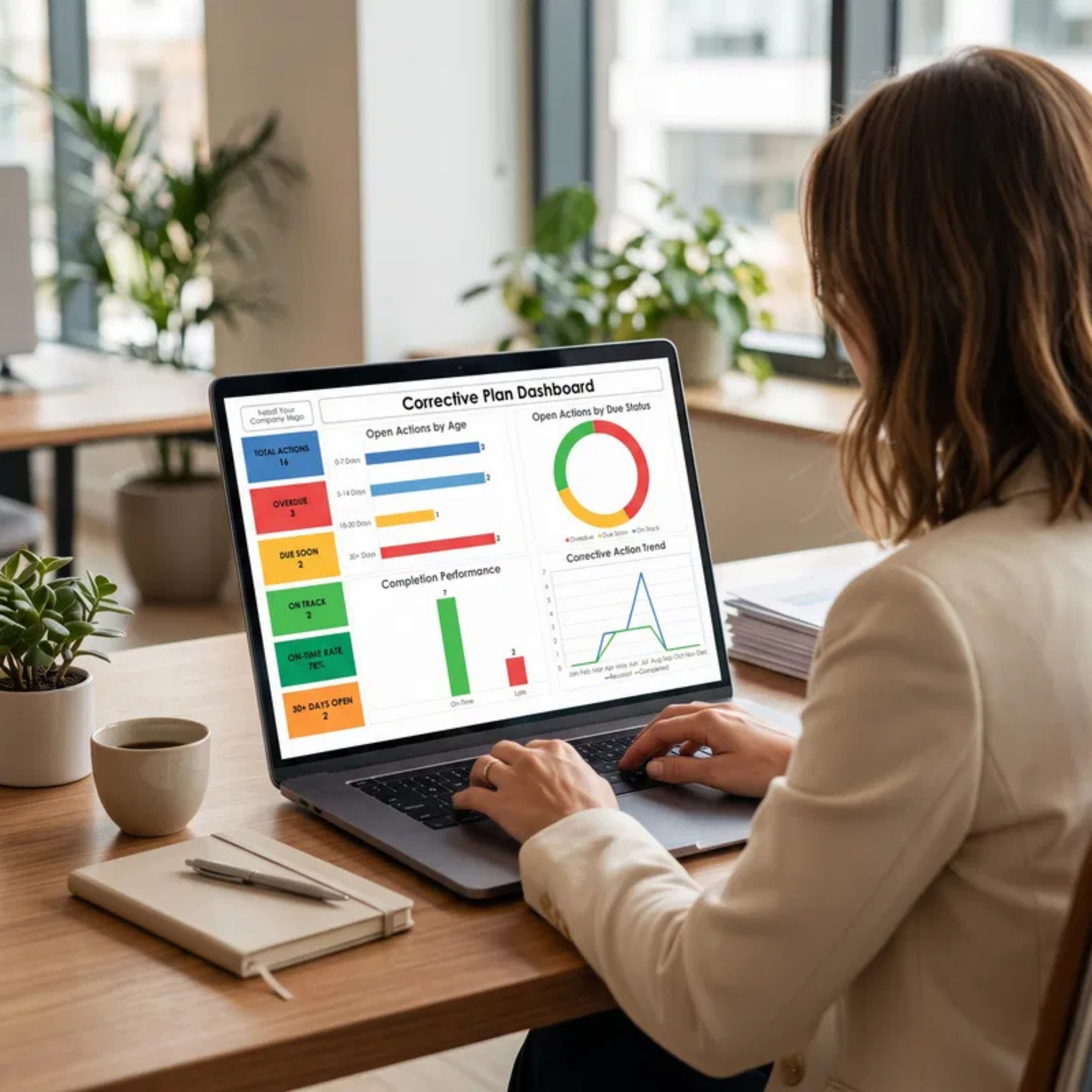 Professional woman working on a laptop displaying the Corrective Plan Dashboard with corrective action status, completion performance, and tracking charts in a modern office.