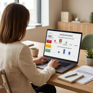 Quality professional reviewing an ISO 17020 impartiality risk assessment dashboard on a laptop in a modern office, with risk distribution charts and visual KPI indicators.