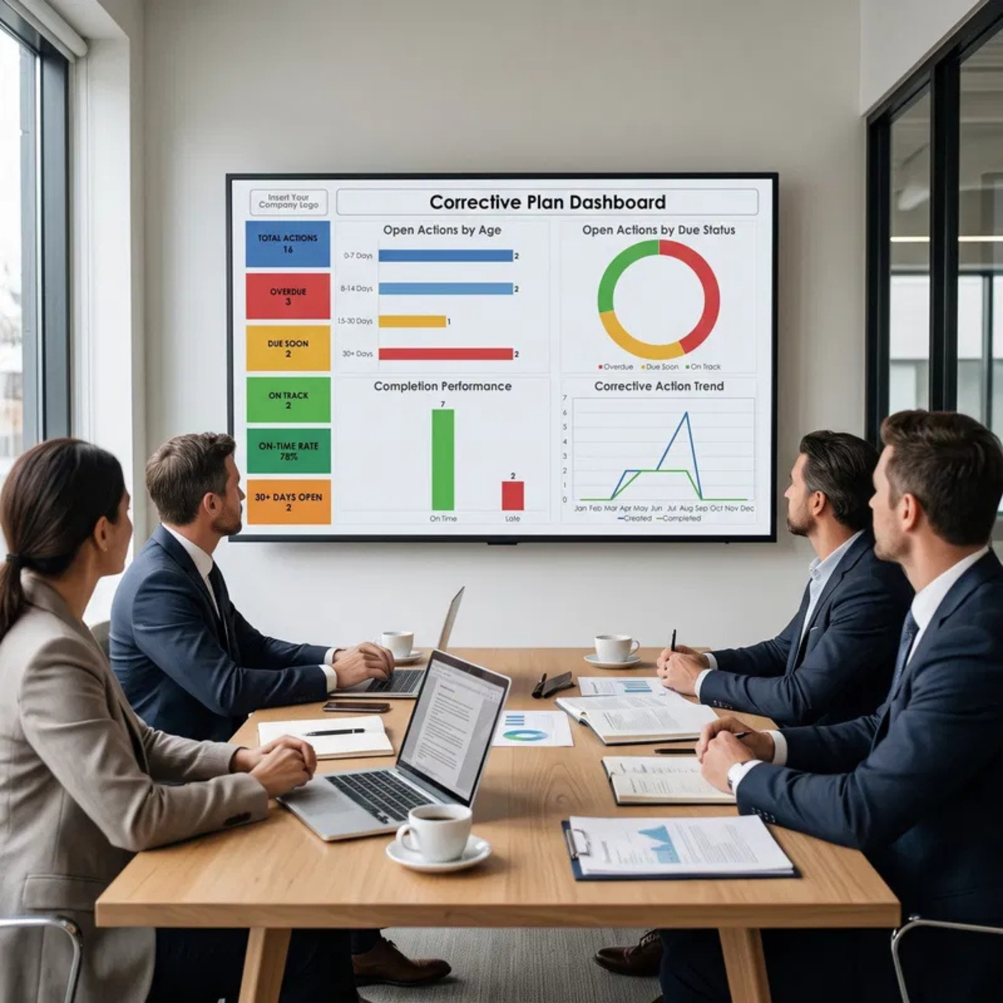 Quality management professionals reviewing a Corrective Plan Dashboard on a large presentation screen during a corporate meeting to monitor corrective actions and progress.