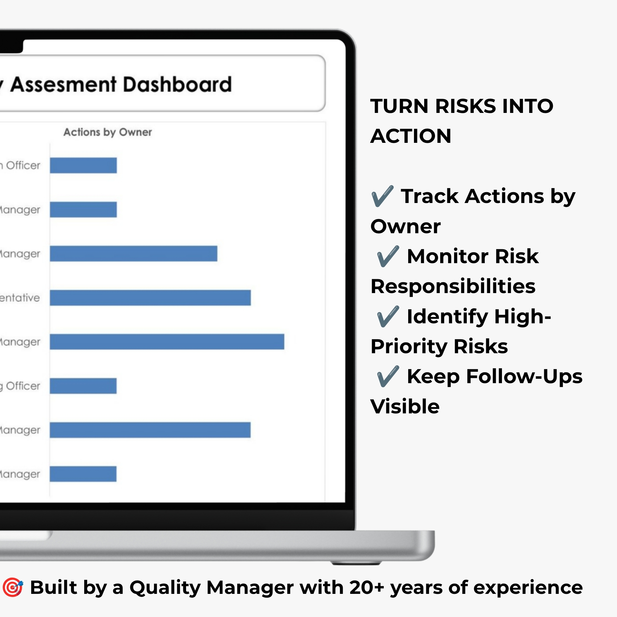 Risk and Opportunity Dashboard Excel template displaying actions by responsible person, risk monitoring charts, and assessment results for quality management reporting.