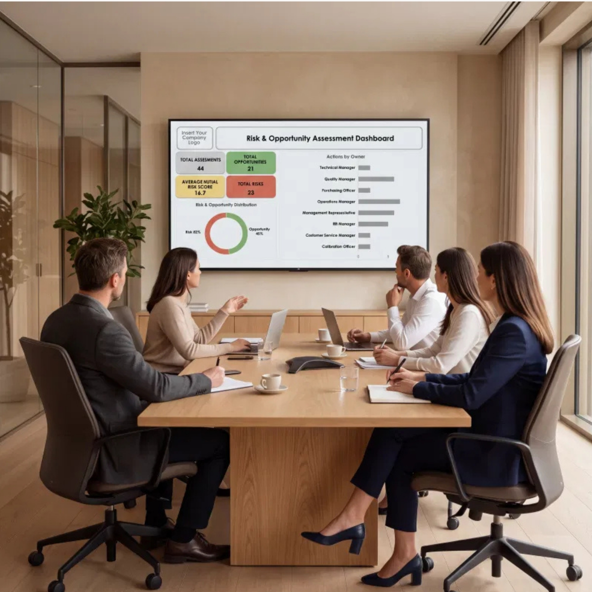 Quality managers and business professionals reviewing an ISO 9001 Risk and Opportunity Assessment Dashboard on a presentation screen during a corporate meeting.