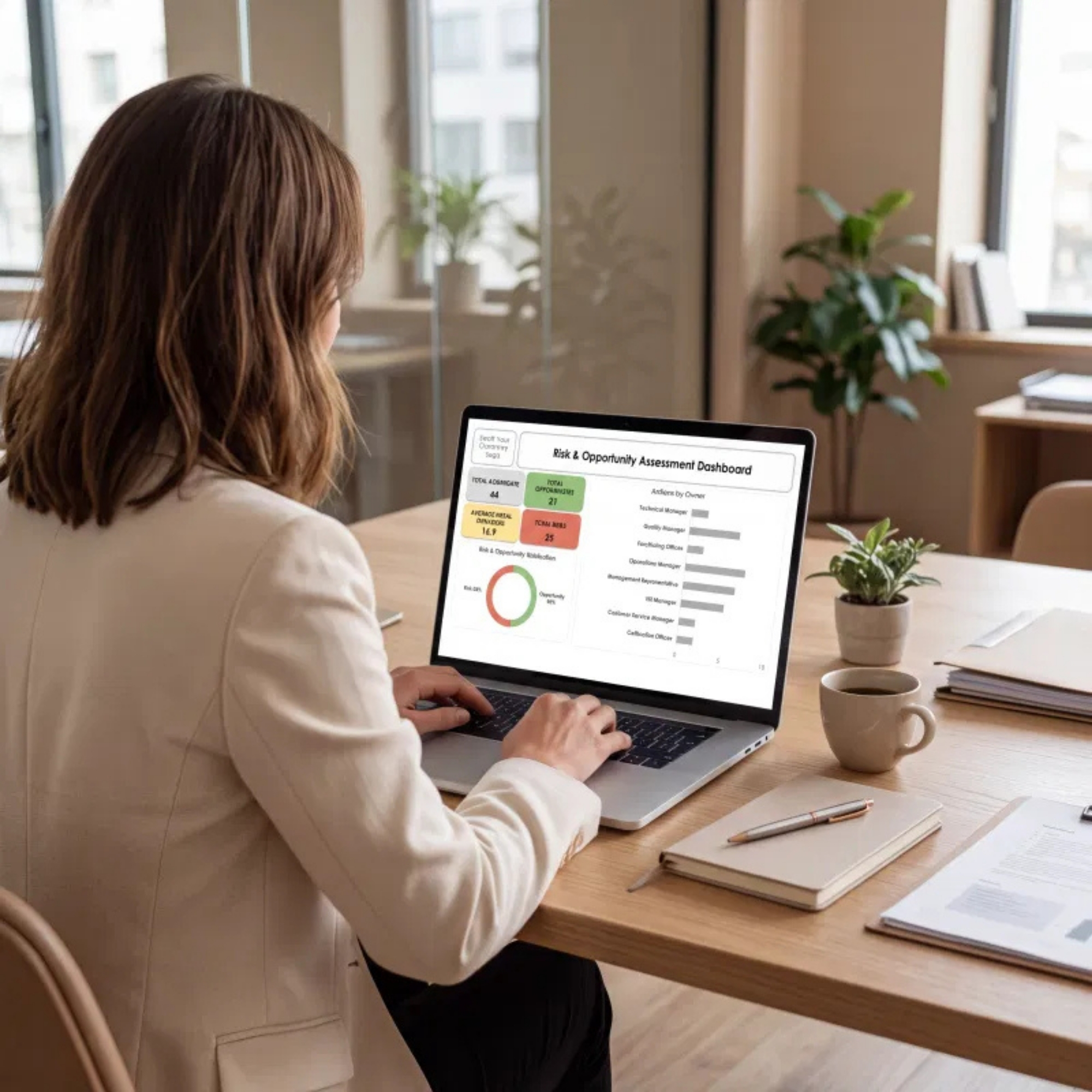 Business professional reviewing an ISO 9001 Risk and Opportunity Dashboard on a laptop in a modern office, showing assessment KPIs and risk distribution charts.